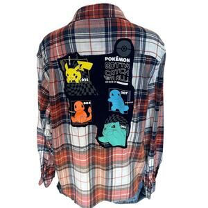 Pokemon Flannel Plaid Shirt LARGE Oversized One of Kind Upcycled Pikachu Unique